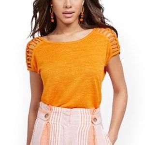 Orange Linen-Like Lattice-Sleeve Top